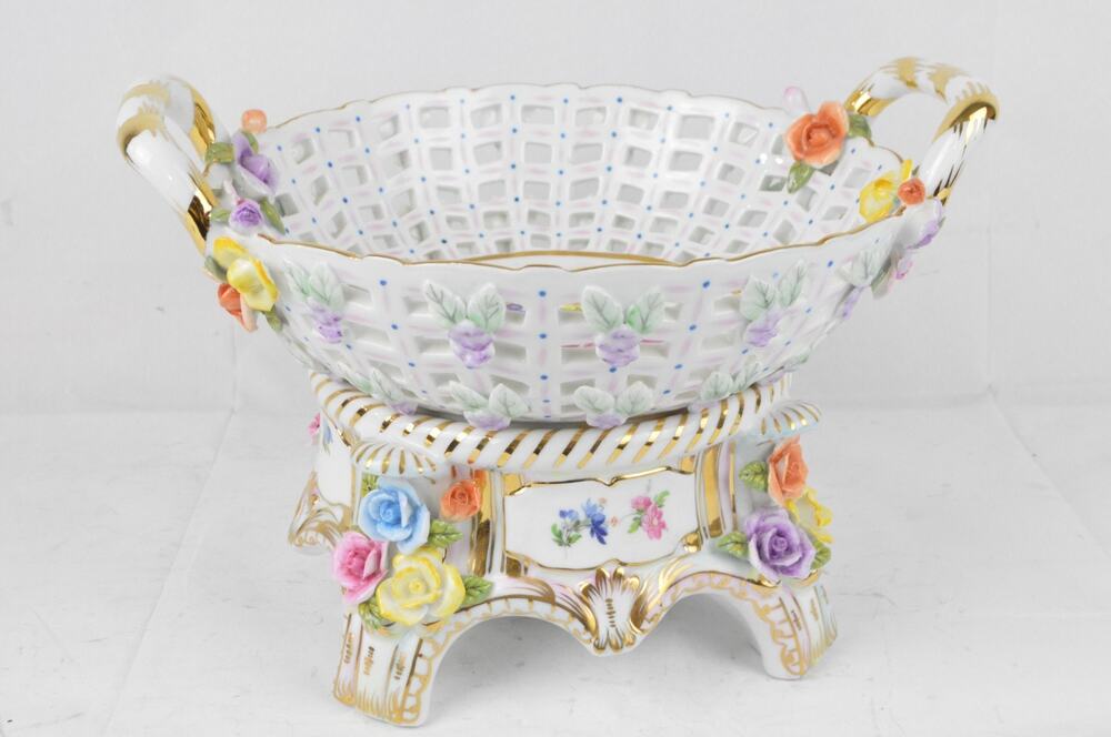 KPM Reticulated Porcelain Basket Bowl w/ Stand Floral Weave Multicolor